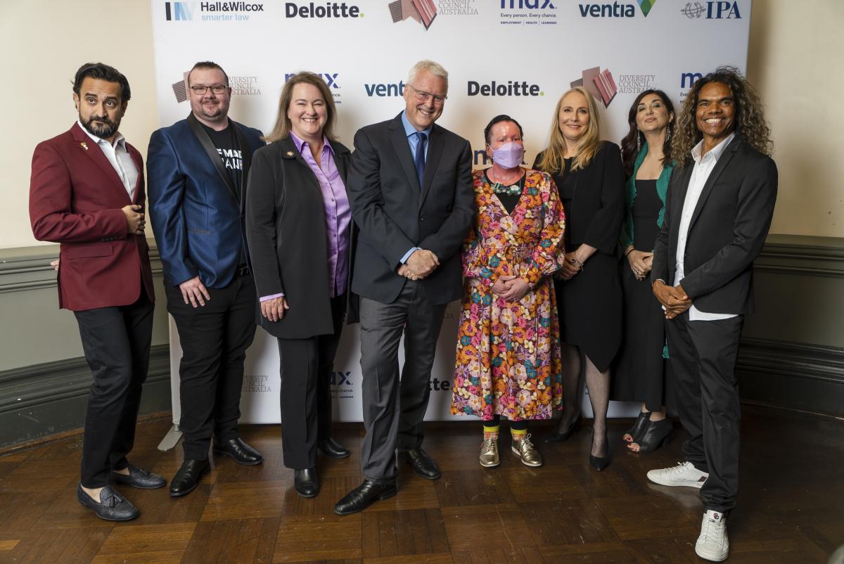 Left to right - Sami Shah, Zac Cannell, Mary Wooldridge, Tony Jones, Carly Findlay, Deborah Homewood, Lisa Annese, Sean Choolburra.