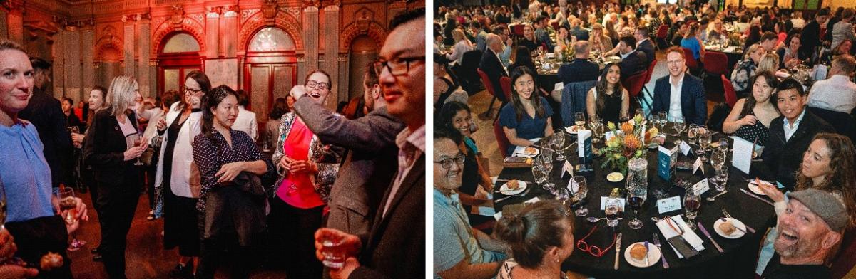 Row of 2 images. 1st 7 people standing and talking.2nd table of 9 people seated.