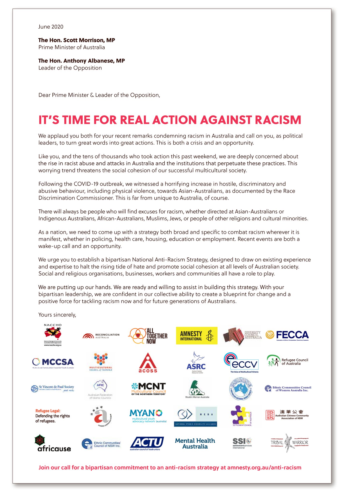 DCA joined 30 other high profile community organisations asking the Prime Minister and the Leader of the Opposition to work together to tackle racism.