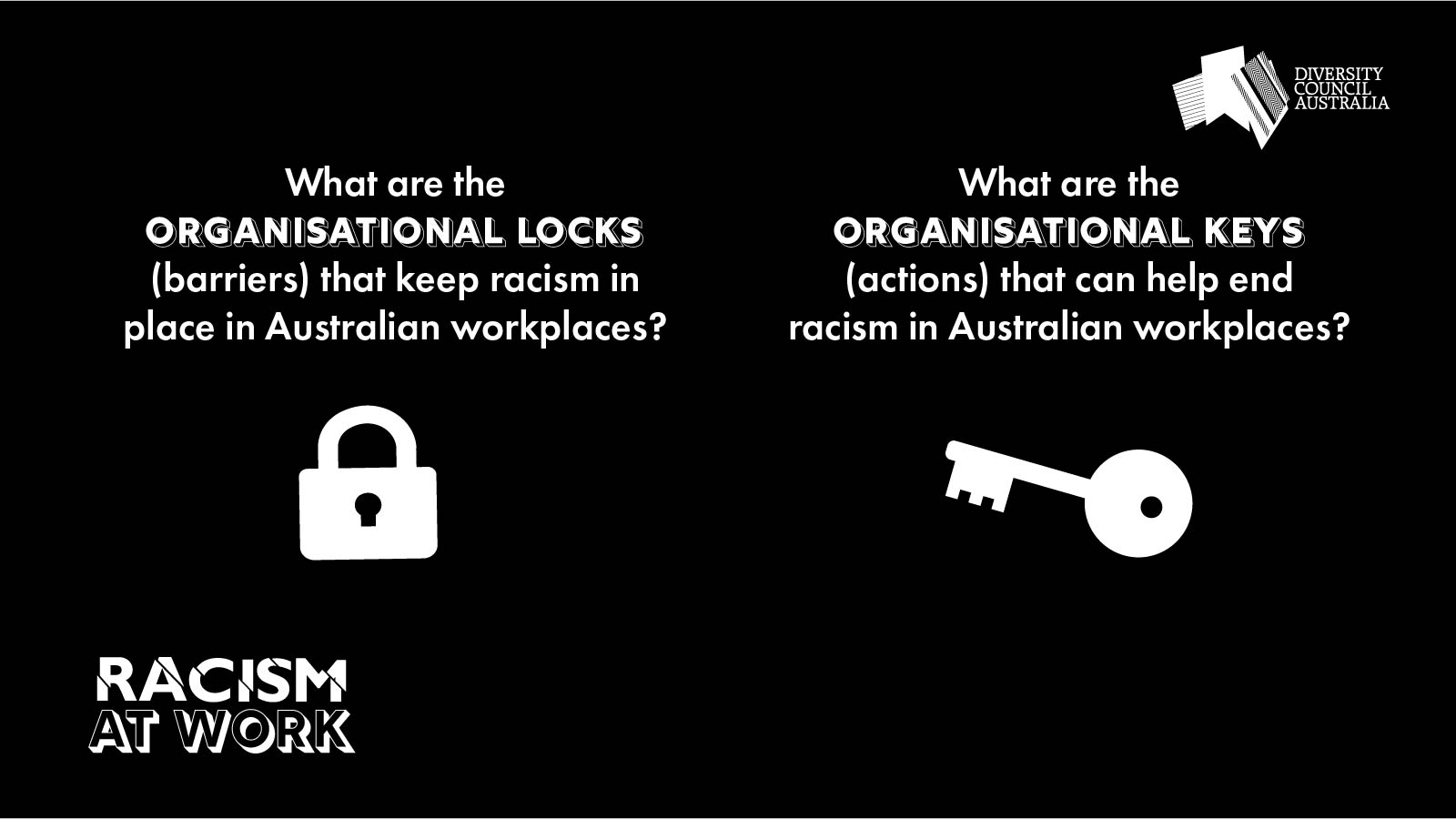 Racism at Work locks and keys: What are the organisation locks (barriers) that keep racism in place in Australian workplace? What are the organisational keys (actions) that can help end racism in Australian workplaces?