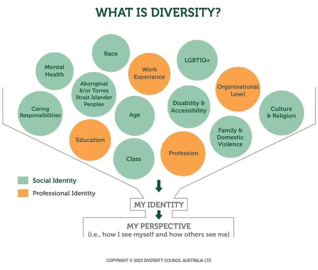 Diversity funnel shows differences between people in how they identify in relation to their: • SOCIAL IDENTITY e.g., Aboriginal and/or Torres Strait Islander background, age, gender, caring responsibilities, LGBTIQ+ status, culture or faith. • PROFESSIONAL IDENTITY e.g., profession, education, organisational level, location.