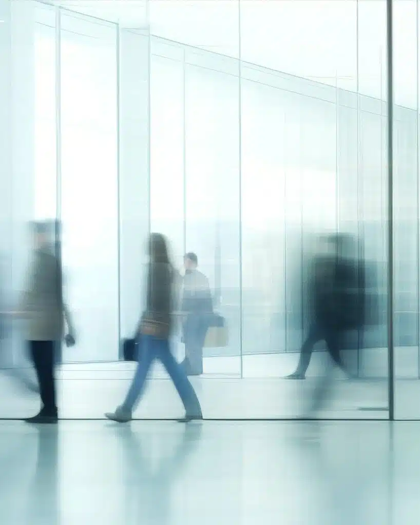 A group of people moving around in an office setting. The silhouettes are blurred.