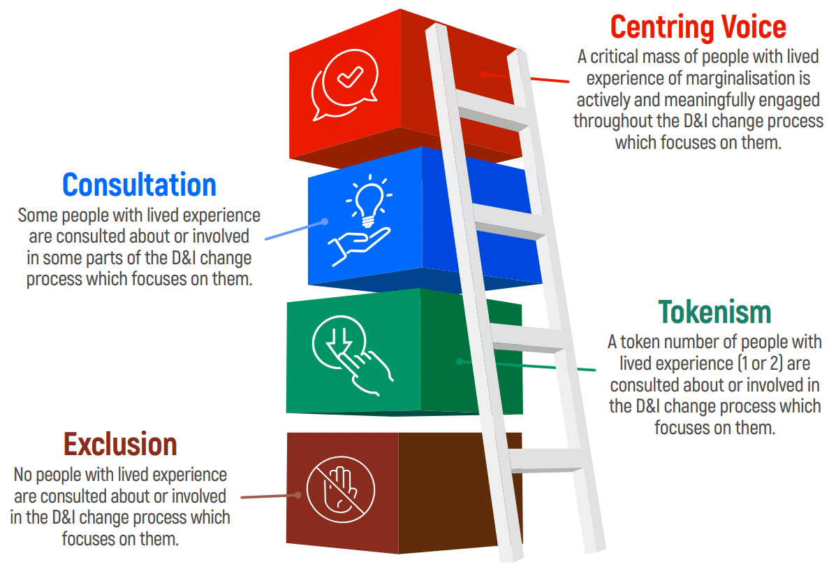 A ladder with four steps showing exclusion at the bottom, then tokenism, then consultation and finally at the top, centring voice.