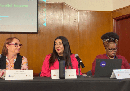 Lisa Annese speaking on stage at a CSW68 event