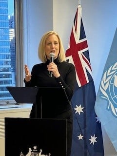 Katy Gallagher at the UN CSW68 standing up and speaking into a microphone in front of an Australian flag