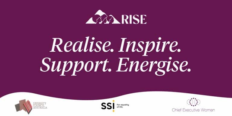 Purple background, white text - RISE. Realise. Inspire. Support, Energise. DCA logo, SSI logo, Chief Executive women logo.