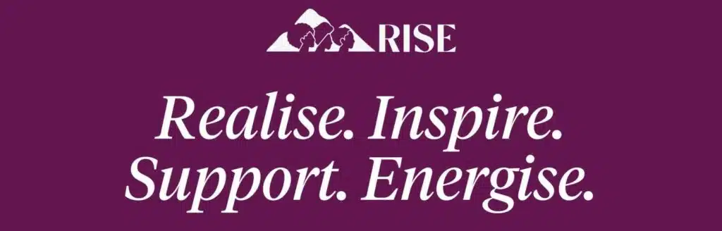 Purple background, white text - RISE. Realise, Inspire, Support, Energise