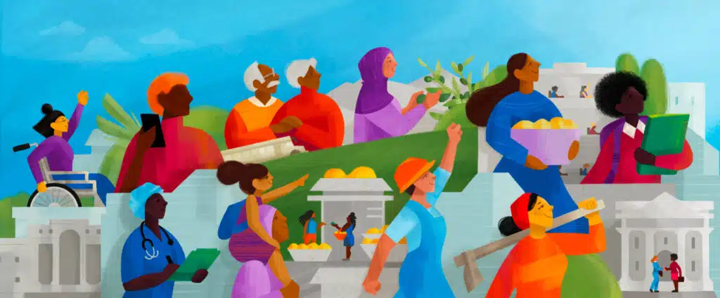 United Nations 68th Commission on the Status of Women artwork shows a variety of diverse women in various life settings, outside in nature, at a market place and various work situations