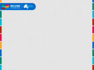 Video frame with colourful border and diversity council australia's inclusion at work week logo in top left corner. There is a blue block as a background for the logo.