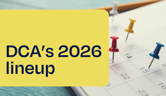 A calendar with pushpins to indicate key dates with the words "DCA's 2026 lineup"