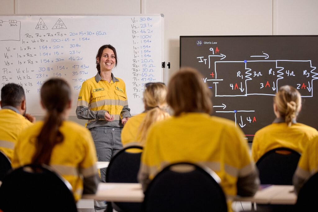 Women in hi-vis standing in front of classroom of women in front of a blackboard smiling