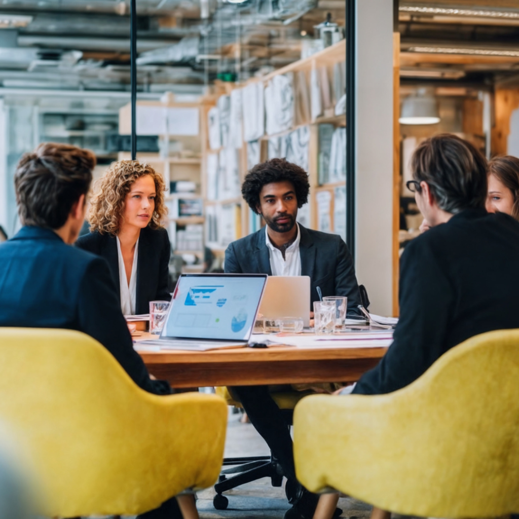 A group of executives of different genders, ages and racial groups sit in a meeting room.