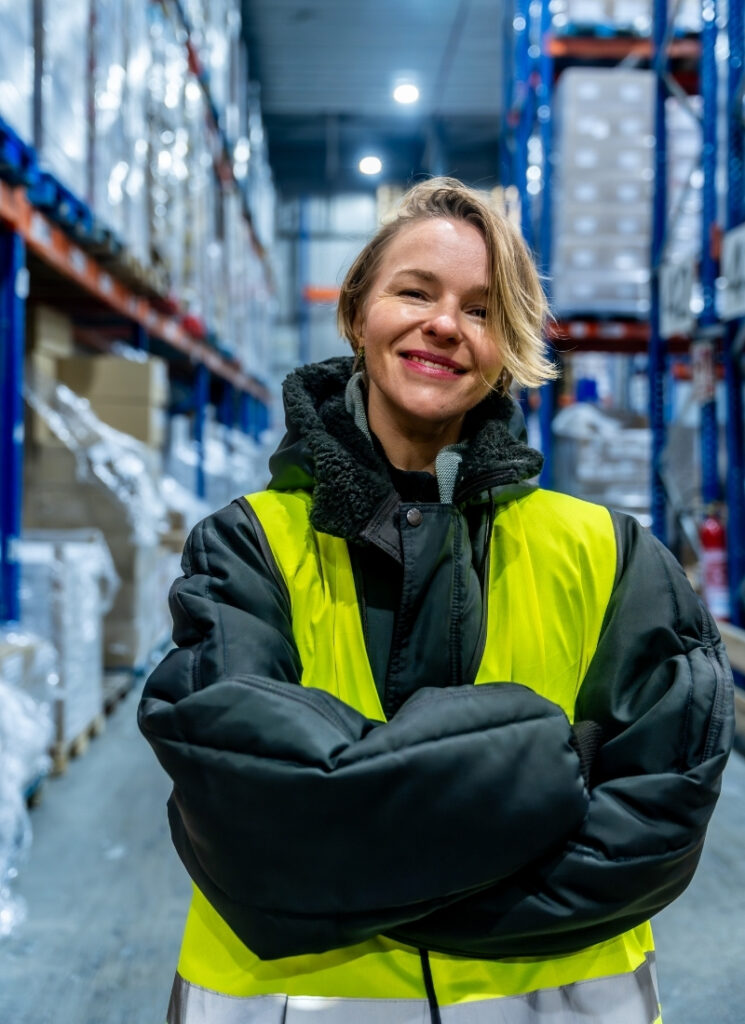 Woman in jacket and high visibility vest stands in warehouse with arms folded, smiling at the camera. She is white, looks to be in her thirties and has short, blonde hair.