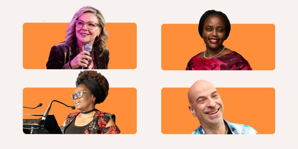 Four people in a rectangular image gallery with beige and orange backgrounds. They are either smiling or speaking to an audience.