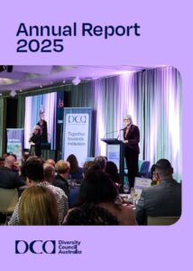 Front cover of DCA's 2025 annual report. Features a purple background and a photo of Governor-General Sam Mostyn AC speaking at DCA's 2025 Oration.