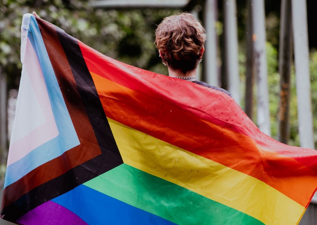 Person with their back to the camera draped in the pride progress flag.
