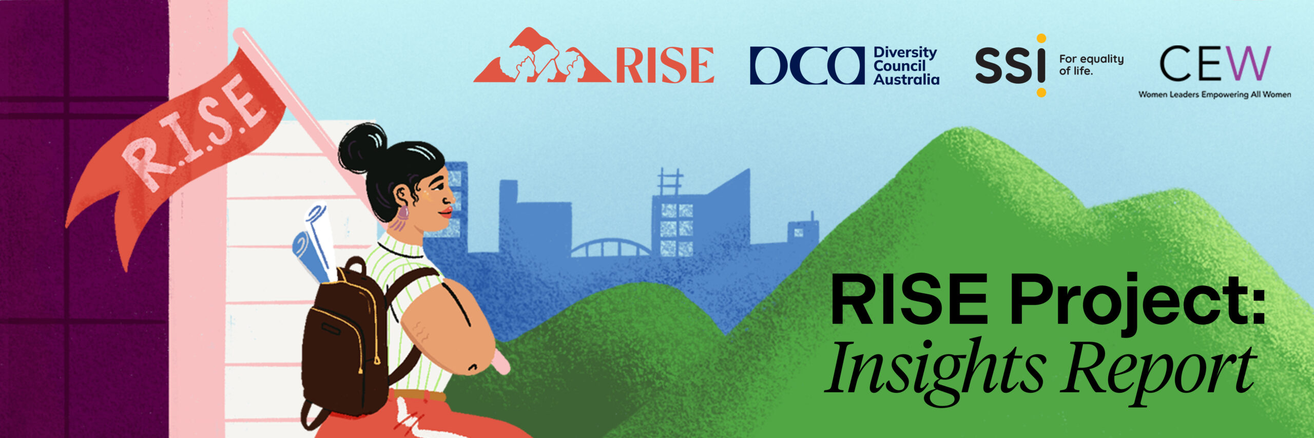 RISE Project Insights Report banner featuring the logos of Diversity Council Australia, Settlement Services International and Chief Executive Women.